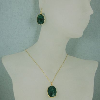 Wholesale Bezel Gemstone Oval Pendant Necklace & Earrings-Gold Plated-Emerald Dyed (16-24")