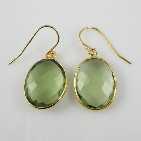 Wholesale Bezel Gemstone Oval Pendant Necklace & Earrings-Gold Plated-Green Amethyst Quartz (16-24")