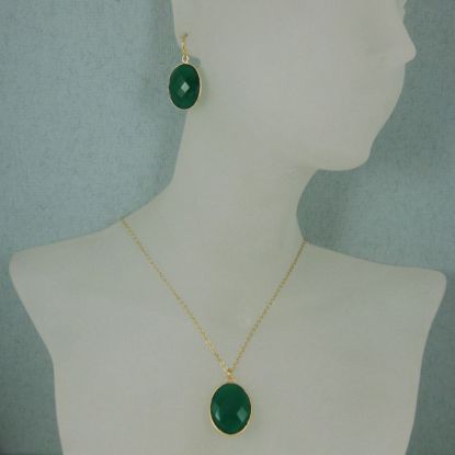 Wholesale Bezel Gemstone Oval Pendant Necklace & Earrings-Gold Plated-Green Onyx (16-24")