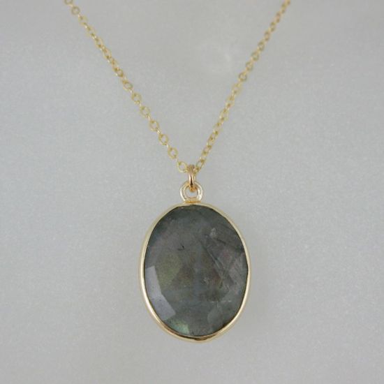 Wholesale Bezel Gemstone Oval Pendant Necklace & Earrings-Gold Plated-Labradorite (16-24")