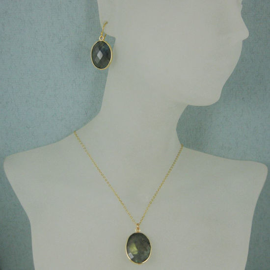 Wholesale Bezel Gemstone Oval Pendant Necklace & Earrings-Gold Plated-Labradorite (16-24")