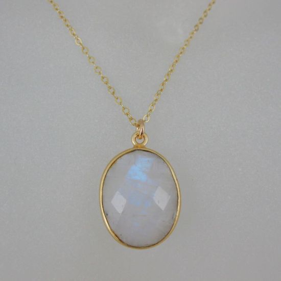 Wholesale Bezel Gemstone Oval Pendant Necklace & Earrings-Gold Plated-Moonstone (16-24")