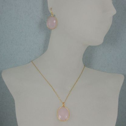 Wholesale Bezel Gemstone Oval Pendant Necklace & Earrings-Gold Plated-Pink Chalcedony (16-24")