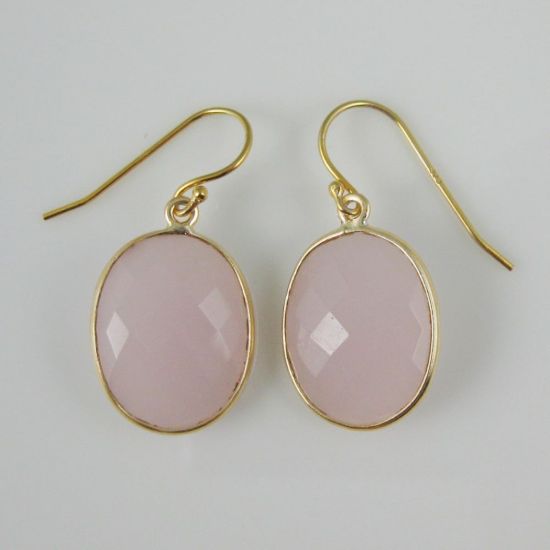 Wholesale Bezel Gemstone Oval Pendant Necklace & Earrings-Gold Plated-Pink Chalcedony (16-24")