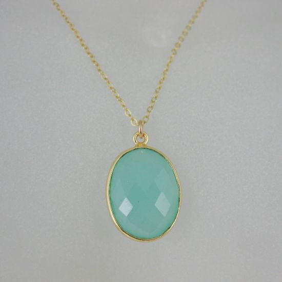 Wholesale Bezel Gemstone Oval Pendant Necklace & Earrings-Gold Plated-Peru Chalcedony (16-24")
