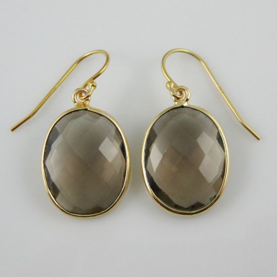 Wholesale Bezel Gemstone Oval Pendant Necklace & Earrings-Gold Plated-Smoky Quartz (16-24")