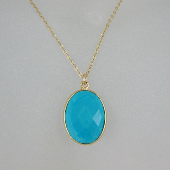 Wholesale Bezel Gemstone Oval Pendant Necklace & Earrings-Gold Plated-Turquoise (16-24")