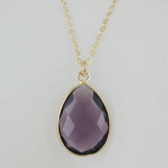 Wholesale Bezel Gemstone Tear Pendant Necklace & Earrings - Gold Plated - Amethyst (16-24")