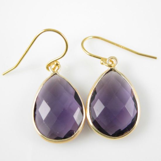 Wholesale Bezel Gemstone Tear Pendant Necklace & Earrings - Gold Plated - Amethyst (16-24")