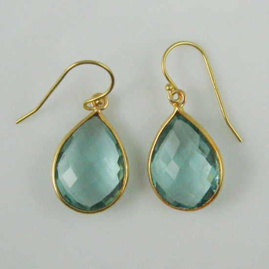Wholesale Bezel Gemstone Tear Pendant Necklace & Earrings - Gold Plated - Aqua Quartz (16-24")