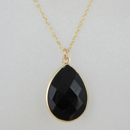 Wholesale Bezel Gemstone Tear Pendant Necklace & Earrings - Gold Plated - Black Onyx (16-24")