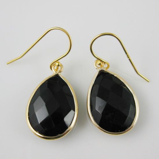 Wholesale Bezel Gemstone Tear Pendant Necklace & Earrings - Gold Plated - Black Onyx (16-24")