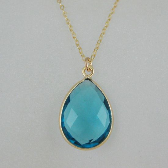 Wholesale Bezel Gemstone Tear Pendant Necklace & Earrings - Gold Plated - Blue Quartz (16-24")