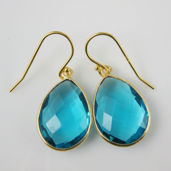 Wholesale Bezel Gemstone Tear Pendant Necklace & Earrings - Gold Plated - Blue Quartz (16-24")