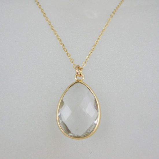 Wholesale Bezel Gemstone Tear Pendant Necklace & Earrings - Gold Plated - Crystal Quartz (16-24")