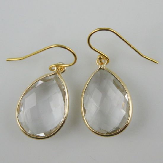 Wholesale Bezel Gemstone Tear Pendant Necklace & Earrings - Gold Plated - Crystal Quartz (16-24")