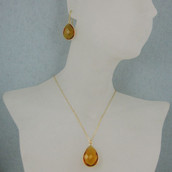 Wholesale Bezel Gemstone Tear Pendant Necklace & Earrings - Gold Plated - Citrine Quartz (16-24")