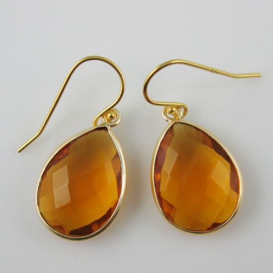 Wholesale Bezel Gemstone Tear Pendant Necklace & Earrings - Gold Plated - Citrine Quartz (16-24")