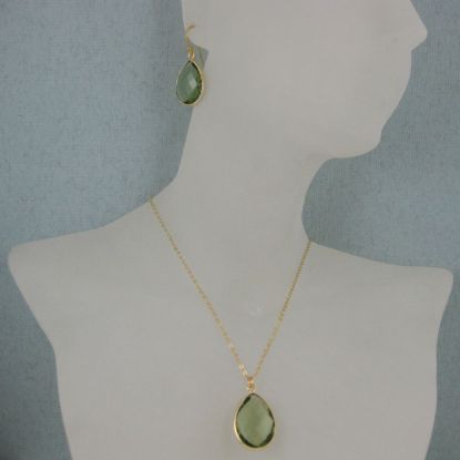 Wholesale Bezel Gemstone Tear Pendant Necklace & Earrings - Gold Plated - Green Amtheyst Quartz (16-24")
