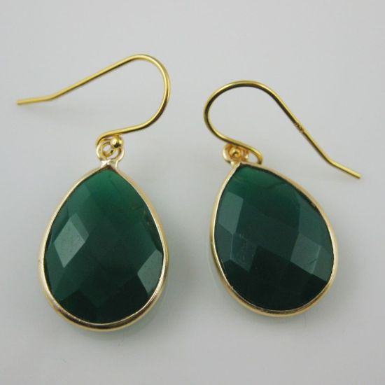 Wholesale Bezel Gemstone Tear Pendant Necklace & Earrings - Gold Plated - Green Onyx (16-24")
