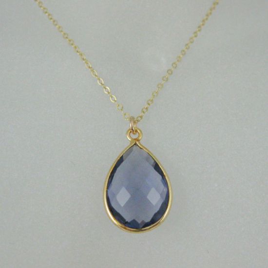 Wholesale Bezel Gemstone Tear Pendant Necklace & Earrings - Gold Plated - Iolite Quartz (16-24")