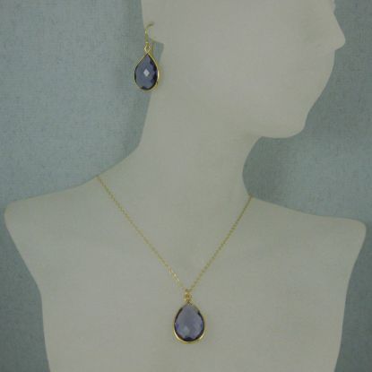 Wholesale Bezel Gemstone Tear Pendant Necklace & Earrings - Gold Plated - Iolite Quartz (16-24")