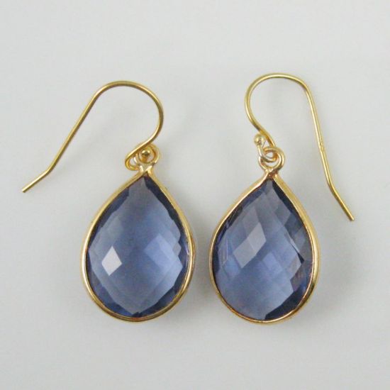 Wholesale Bezel Gemstone Tear Pendant Necklace & Earrings - Gold Plated - Iolite Quartz (16-24")