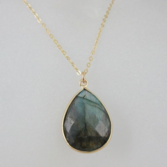 Wholesale Bezel Gemstone Tear Pendant Necklace & Earrings - Gold Plated - Labradorite (16-24")
