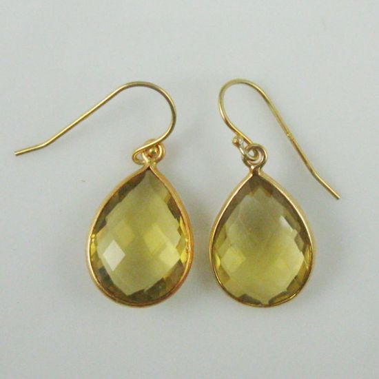 Wholesale Bezel Gemstone Tear Pendant Necklace & Earrings - Gold Plated - Lemon Quartz (16-24")