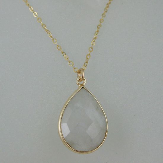 Wholesale Bezel Gemstone Tear Pendant Necklace & Earrings - Gold Plated - Moonstone (16-24")