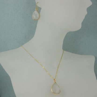 Wholesale Bezel Gemstone Tear Pendant Necklace & Earrings - Gold Plated - Moonstone (16-24")