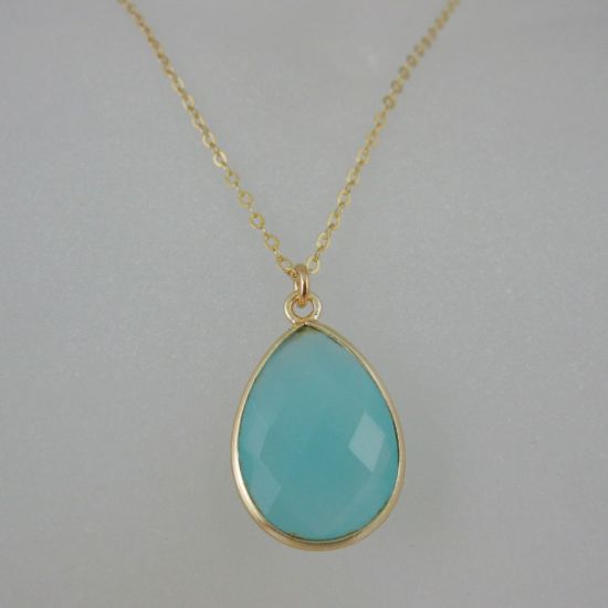 Wholesale Bezel Gemstone Tear Pendant Necklace & Earrings - Gold Plated - Peru Chalcedony (16-24")