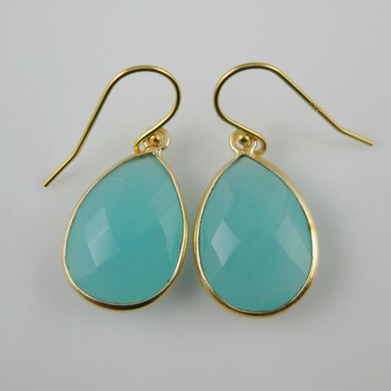 Wholesale Bezel Gemstone Tear Pendant Necklace & Earrings - Gold Plated - Peru Chalcedony (16-24")