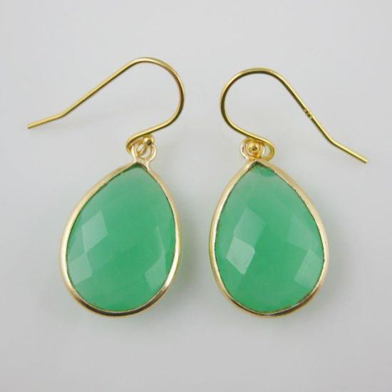 Wholesale Bezel Gemstone Tear Pendant Necklace & Earrings - Gold Plated - Prenite Chalcedny (16-24")