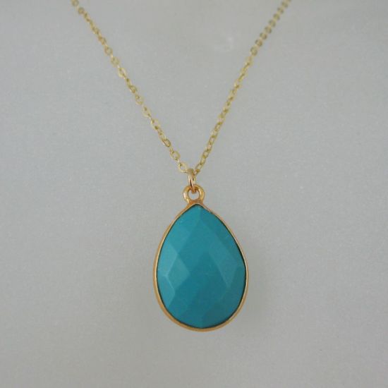 Wholesale Bezel Gemstone Tear Pendant Necklace & Earrings - Gold Plated - Turquoise (16-24")