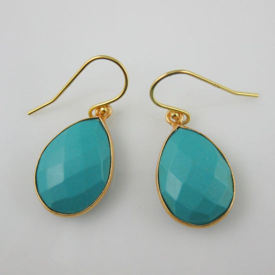 Wholesale Bezel Gemstone Tear Pendant Necklace & Earrings - Gold Plated - Turquoise (16-24")