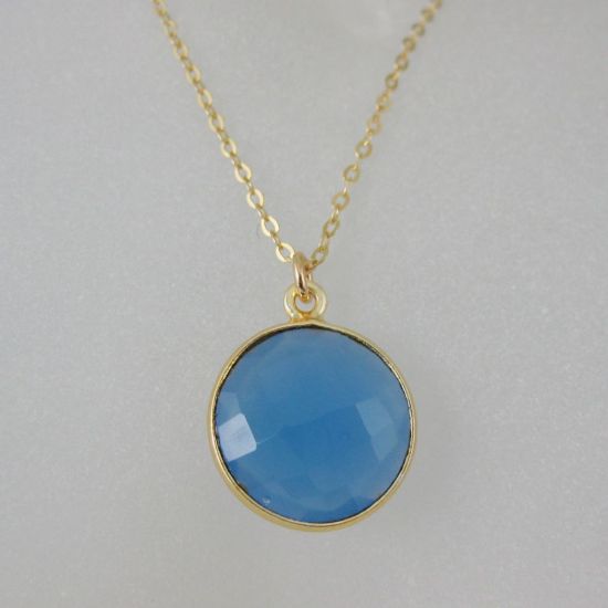 Wholesale Bezel Gemstone Round Pendant Necklace & Earrings-Gold Plated-Blue Chalcedony (16-24")