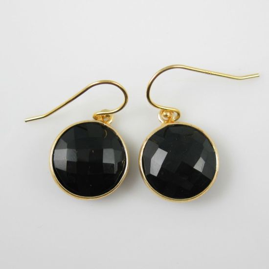 Wholesale Bezel Gemstone Round Pendant Necklace & Earrings-Gold Plated-Black Onyx (16-24")