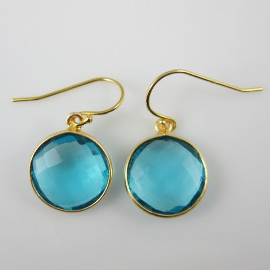 Wholesale Bezel Gemstone Round Pendant Necklace & Earrings-Gold Plated-Blue Quartz (16-24")