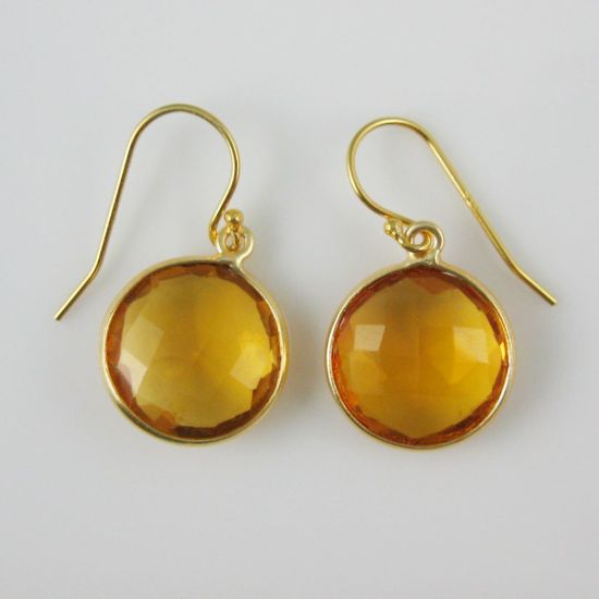 Wholesale Bezel Gemstone Round Pendant Necklace & Earrings-Gold Plated-Citrine Quartz (16-24")