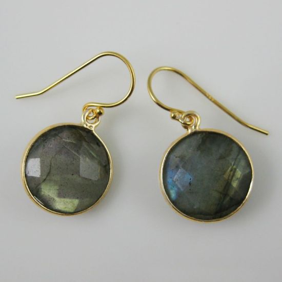 Wholesale Bezel Gemstone Round Pendant Necklace & Earrings-Gold Plated-Labradorite (16-24")