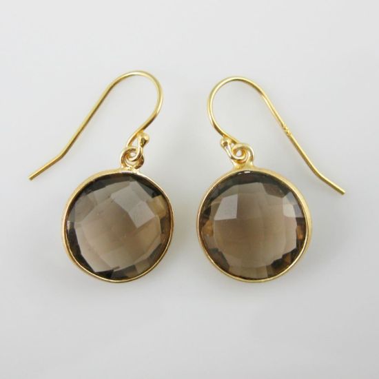Wholesale Bezel Gemstone Round Pendant Necklace & Earrings-Gold Plated-Smoky Quartz (16-24")