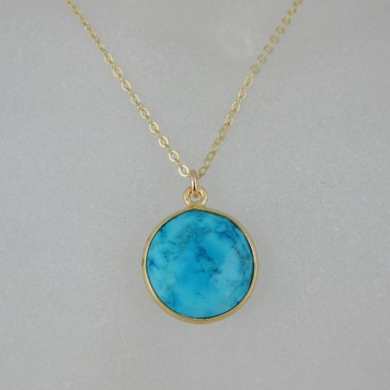 Wholesale Bezel Gemstone Round Pendant Necklace & Earrings-Gold Plated-Turquoise (16-24")