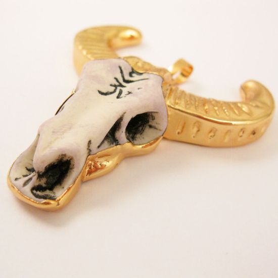 Wholesale Bull Skull Pendant, Natural Bone Skull Pendant, 24K Gold Edging, Tribal Cow Skull with Markings Pendant, Curved Horn Bone Skull- 51mm
