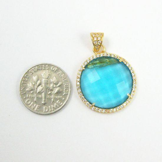 Wholesale Gold plated Sterling Silver Blue Topaz Quartz Bezel Gemstone Round Pave Pendant, Wholesale Gemstone Pendants for Jewelry Making