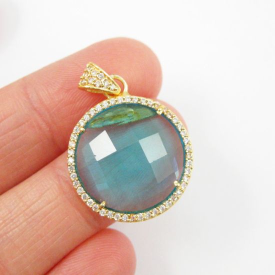 Wholesale Gold plated Sterling Silver Blue Topaz Quartz Bezel Gemstone Round Pave Pendant, Wholesale Gemstone Pendants for Jewelry Making