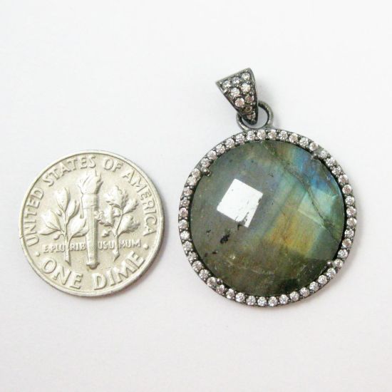 Wholesale Oxidized Sterling Silver Labradorite Bezel Gemstone Round Pave Pendant, Wholesale Gemstone Pendants for Jewelry Making