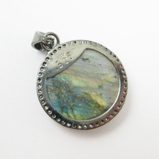 Wholesale Oxidized Sterling Silver Labradorite Bezel Gemstone Round Pave Pendant, Wholesale Gemstone Pendants for Jewelry Making