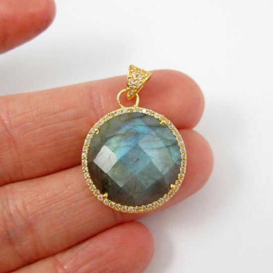 Wholesale Gold plated Sterling Silver Labradorite Bezel Gemstone Round Pave Pendant, Wholesale Gemstone Pendants for Jewelry Making