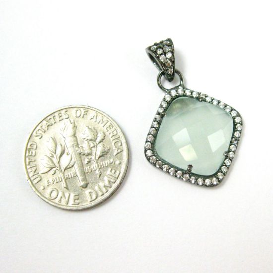Wholesale Oxidized Sterling Silver Aqua Chalcedony Bezel Gemstone Diamond Shape Pave Pendant, Wholesale Gemstone Pendants for Jewelry Making